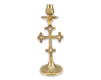 Ornate Cross Shape Brass Candlestick - Decorated Christian Candle Holder - Traditional Orthodox Candle Stand