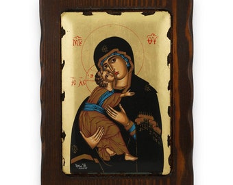 Ícono de la Virgen de Vladimir - Ícono bizantino ortodoxo griego / Hecho a mano en madera maciza tallada natural