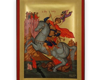 Icône Saint-Georges et dragon - Icône grecque orthodoxe avec bordure en relief | Fait main sur du bois naturel massif