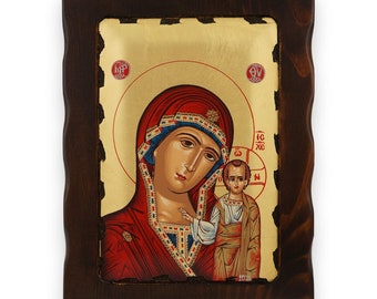 Icono de la Virgen de Kazán - Arte bizantino ortodoxo griego / Hecho a mano en madera maciza tallada natural