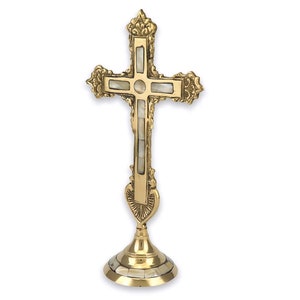 Brass Standing Cross with Mother Of Pearl Inlay - Table Altar Blessing Cross with Seashell | Church Liturgy | Home Altar | Prayer Corner