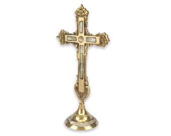 Brass Standing Cross with Mother Of Pearl Inlay - Table Altar Blessing Cross with Seashell | Church Liturgy | Home Altar | Prayer Corner