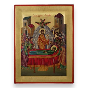 Dormition of the Theotokos Icon - Raised Border Greek Orthodox Icon | Handmade on Solid Natural Wood