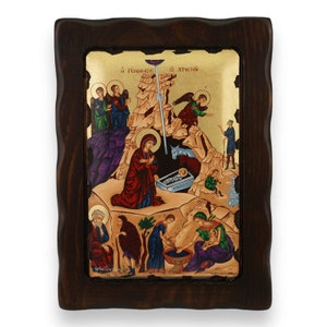 Nativity Icon - Greek Orthodox Byzantine Art | Handmade on Natural Solid Carved Wood