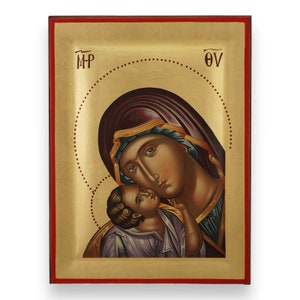 Virgin Mary Tenderness Icon - Raised Border Greek Orthodox Icon | Handmade on Solid Natural Wood