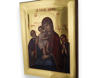 Virgin Mary the Three Joys Icon - Gold Mirror Effect Raised Border Greek Orthodox Icon | Handmade on Solid Natural Wood