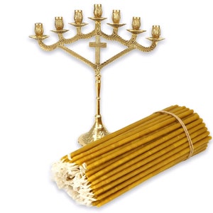 Orthodox Brass Candelabra Seven-Candle Christian Candlestick + 100 pcs Pure Beeswax Church Candles | Gift Pack