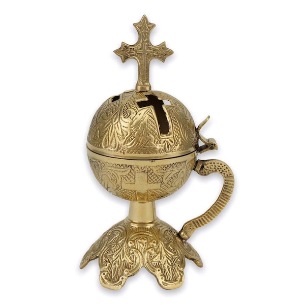 Ornate Solid Brass Incense Burner - Traditional Greek Orthodox Censer | Prayer Corner | Home Altar + FREE bag of Natural Frankincense (42gr)