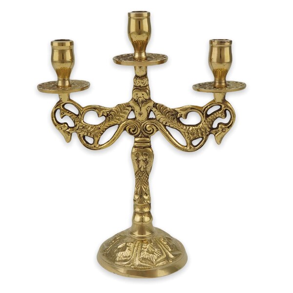 Three Branch Brass Candelabra with Drip Trays - Orthodox Candle Holder | Home Icon Altar or Church Use, Prayer Corner