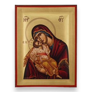 Virgin Mary Sweet Kissing Icon - Raised Border Greek Orthodox Icon | Handmade on Solid Natural Wood