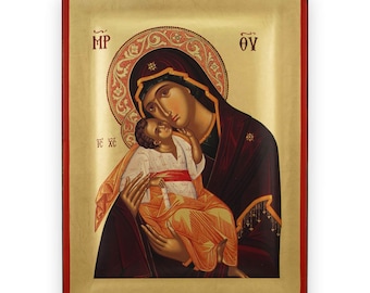 Icône Vierge Marie Glykofilousa - Icône grecque orthodoxe avec bordure surélevée | Fait main sur du bois naturel massif