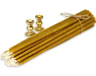 Set of 2 Mini Single Brass Candlestick Holders and 20 pcs Pure Beeswax Candles | Orthodox Gift | Prayer Corner | Home Altar
