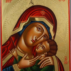 Virgin Mary Sweet Loving Icon, Theotokos Eleusa Icon Hand-Painted Byzantine Orthodox 24kt polished gold