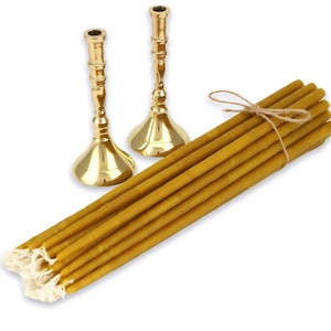 Set of 2 Single Brass Candle Holders 10cm Candlestick and 20 pcs 100% Pure Beeswax Candles | Gift Pack | Prayer Corner | Home Altar