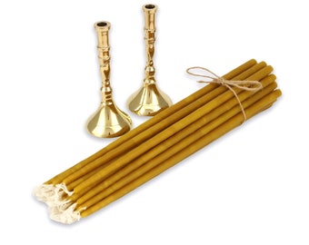 Set of 2 Single Brass Candle Holders 10cm Candlestick and 20 pcs 100% Pure Beeswax Candles | Gift Pack | Prayer Corner | Home Altar
