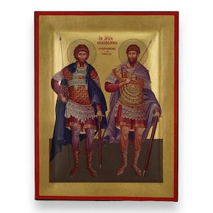 Sts Theodore Tyron and Theodore Stratelates Icon -Raised Border Greek Orthodox Icon | Handmade on Solid Natural Wood