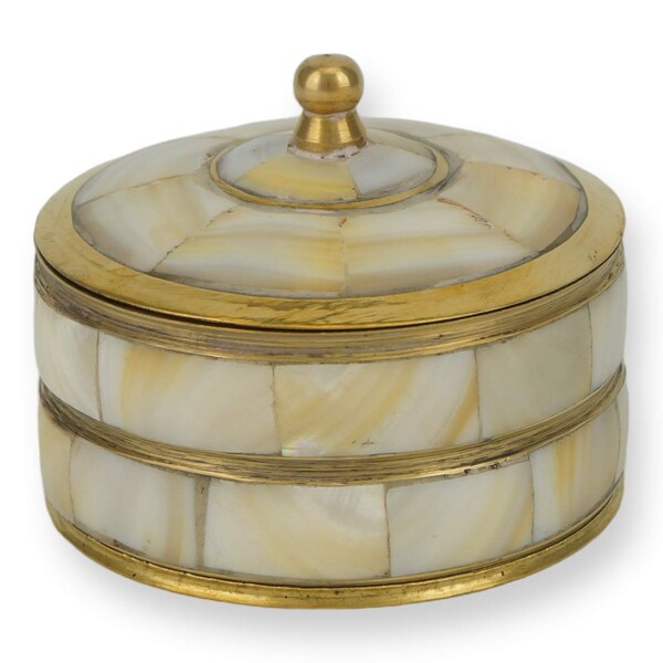 Round Brass Incense Box with Mother of Pearl Inlay