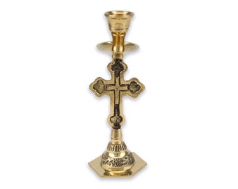 Cross Design Brass Candlestick - Orthodox Candle Holder | Traditional Christian Candle Stand | Home Altar