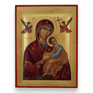 Icono de la Virgen de la Pasión - Icono ortodoxo griego con borde en relieve / Hecho a mano en madera maciza natural