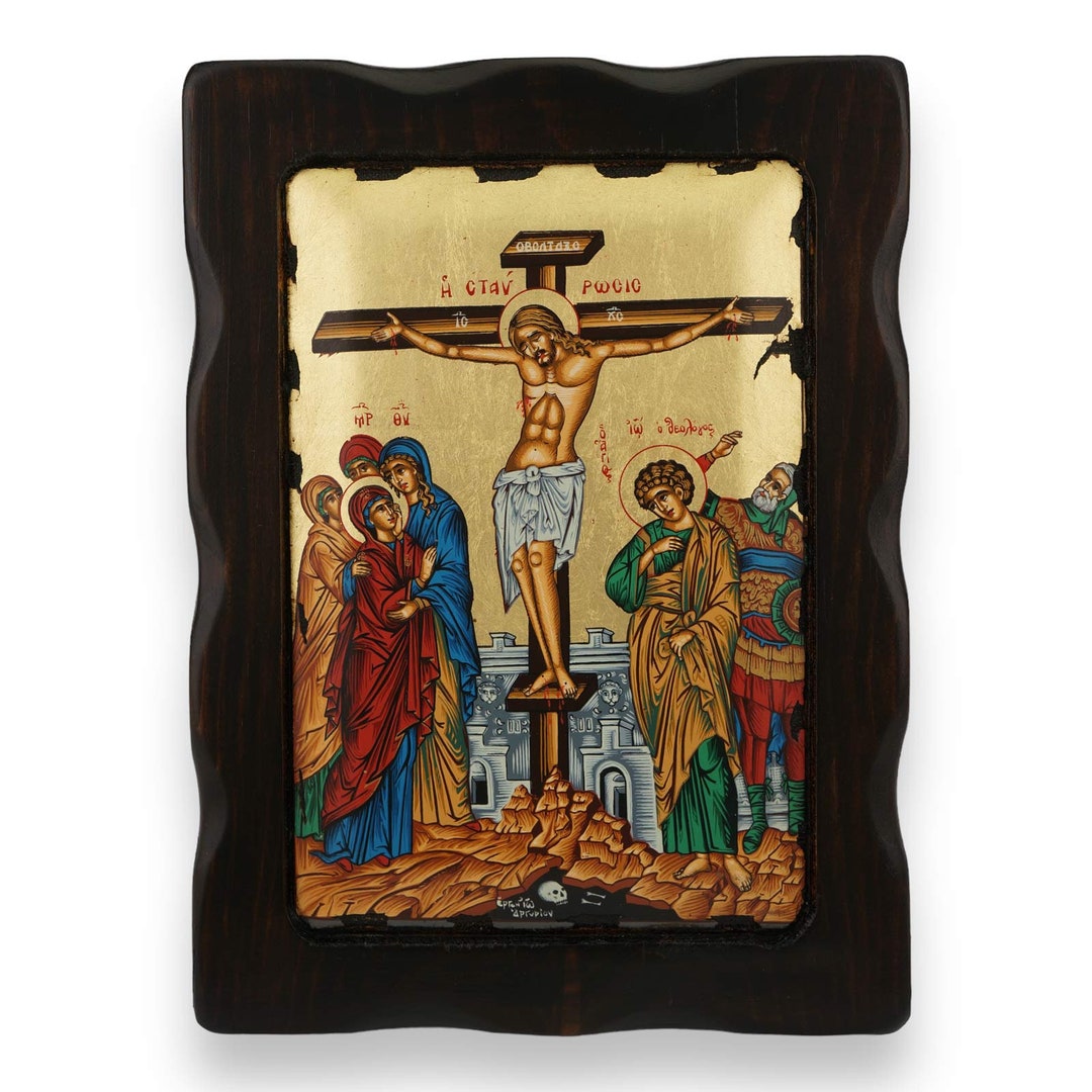 Crucifixion Icon - Greek Orthodox Byzantine Art | Handmade on Natural ...