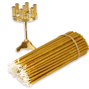 Set of Seven-Candle Brass Candelabrum Christian Candle Holder + 100 Pure Beeswax Church Candles | Orthodox Gift | Prayer Corner | Home Altar