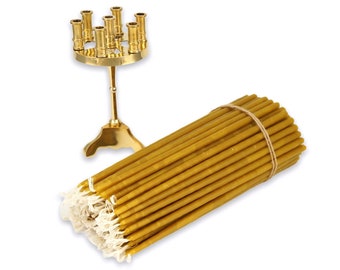Set of Seven-Candle Brass Candelabrum Christian Candle Holder + 100 Pure Beeswax Church Candles | Orthodox Gift | Prayer Corner | Home Altar