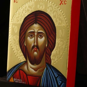 Christus Pantokrator Ikone, Handgemalte kyrillische Ikone byzantinische Miniatur 24kt poliertes Gold