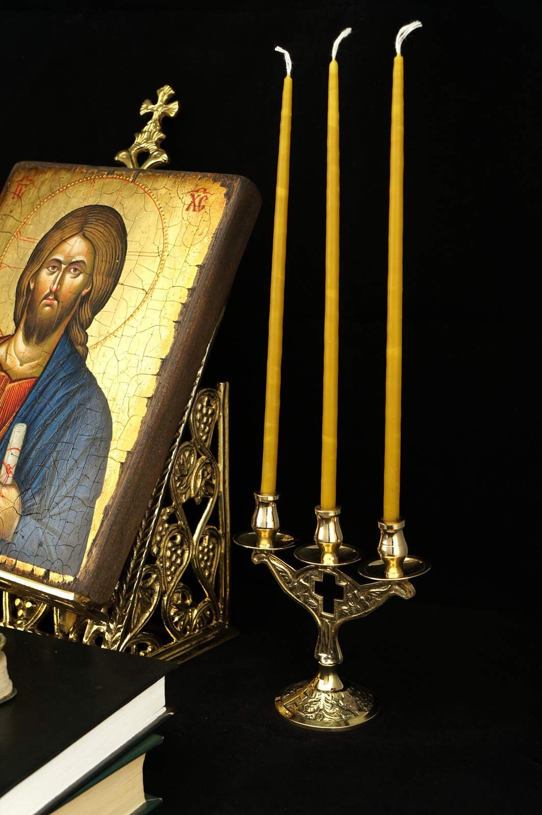 Lot De 2 Bougeoirs En Laiton Croix + 20 Bougies D'église Coniques – Neuf, Fait Main