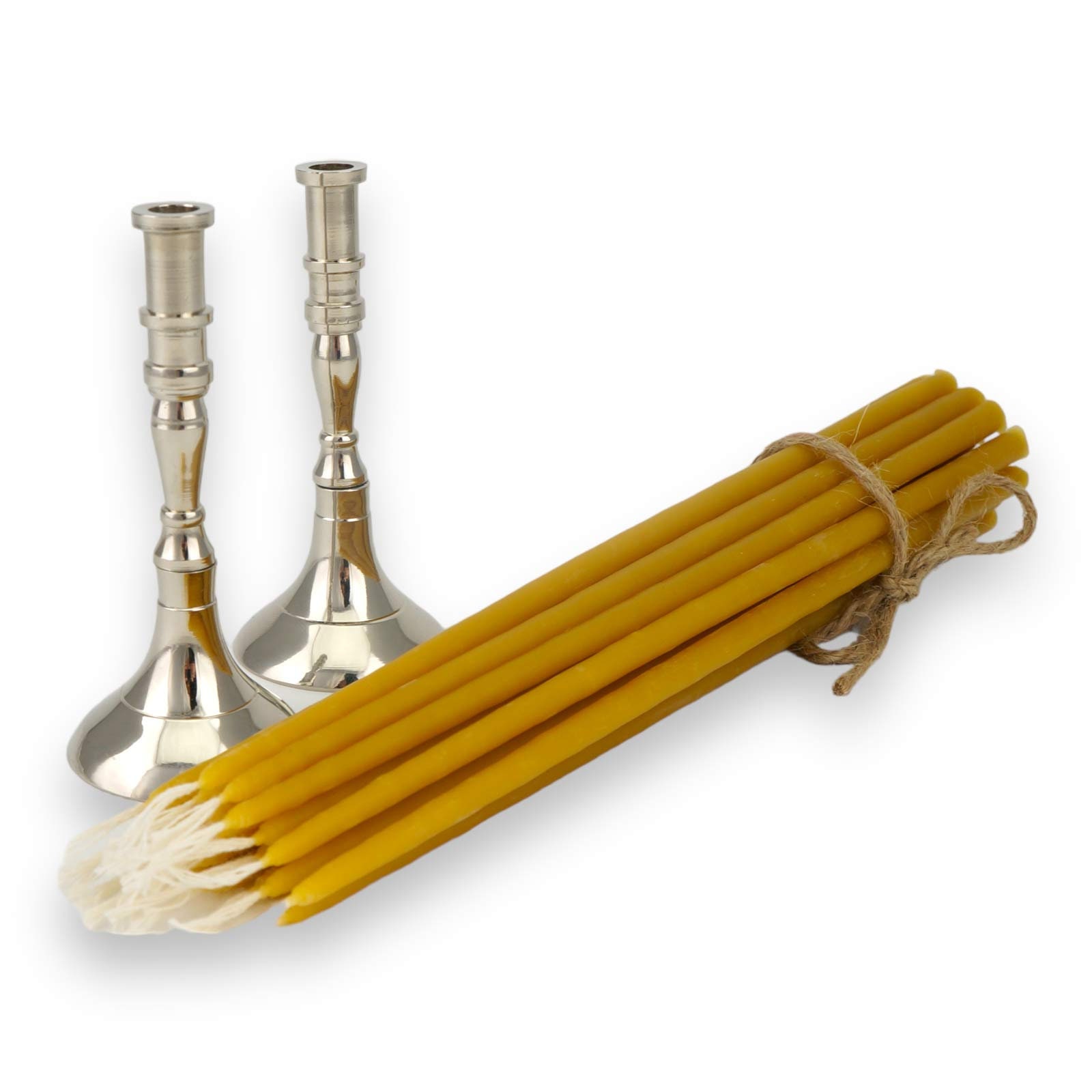 Set of 2 Nickel-Plated Brass Candlesticks and 20 Beeswax Candles