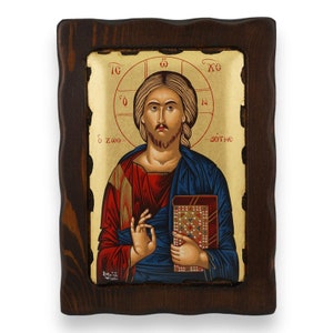 Christ Pantocrator Icon - Greek Orthodox Byzantine Art | Handmade on Natural Solid Carved Wood