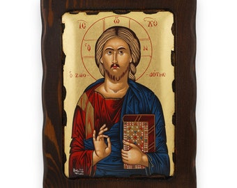 Christ Pantocrator Icon - Greek Orthodox Byzantine Art | Handmade on Natural Solid Carved Wood