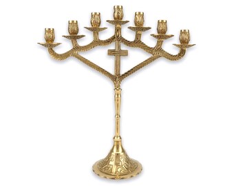 7 Candle Brass KandelaarHouder - Christelijk Orthodoxe Candelabra voor Thuisaltaar, Gebedshoek 23cm