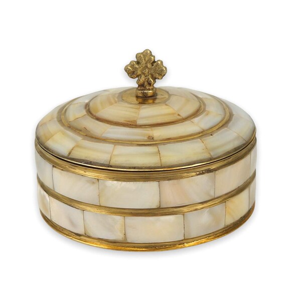 Round Brass Jewelry Box with Mother of Pearl Inlay and Cross Shape Lid Handle | Home Altar, Prayer Corner