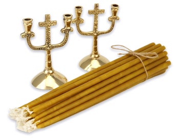 Orthodox Candle Holders Pair - Cross Shape Double Brass Candlestick (3.93&quot;) and 20 pcs Pure Beeswax Candles (9&quot;) | Gift Pack