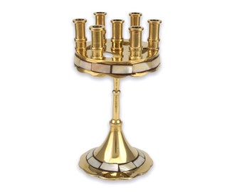 Candelabro in ottone deluxe a 7 candele - Candeliere ortodosso con intarsio in madreperla per altare domestico, angolo di preghiera 15 cm