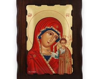 Icono de Nuestra Señora de Kazán - Arte bizantino ortodoxo griego / Hecho a mano en madera maciza tallada natural