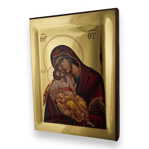 Theotokos Tenderness Icon - Gold Mirror Effect Raised Border Greek Orthodox Icon | Handmade on Solid Natural Wood