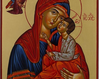 Virgin Mary Tenderness Icon, Hand-Painted Gold Leaf, 25×20cm