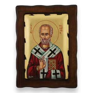 Icoon van Sinterklaas - Grieks-orthodox-Byzantijns icoon | Handgemaakt op massief natuurlijk houtsnijwerk