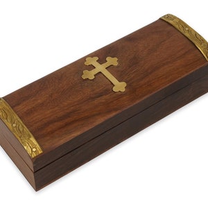 Decorative Wooden Box with Brass Cross and Hinged Lid | Home Altar, Prayer Corner