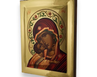 Theotokos of Vladimir Icon - Gold Mirror Effect Raised Border Greek Orthodox Icon | Handmade on Solid Natural Wood