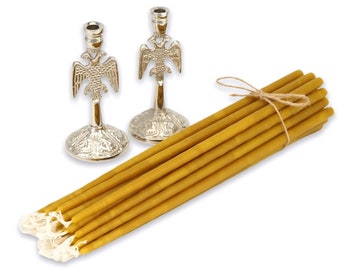 Set of 2 Eagle Design Single Brass Candle Holders Candlesticks and 20 pcs Pure Beeswax Candles | Orthodox Gift | Prayer Corner | Home Altar