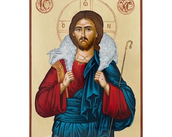 Christ the Good Shepherd Icon, Hand-Painted Gold Leaf, 24×35cm