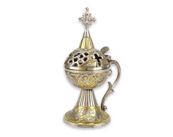 Gold Silver Brass Incense Burner - Traditional Greek Orthodox Censer | Prayer Corner | Home Altar + FREE bag of Natural Frankincense (42gr)