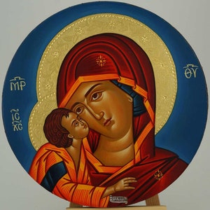 Theotokos Eleusa Icon, Virgin Mary Tenderness Icon Hand-Painted Byzantine Orthodox 24kt polished gold halo | round board