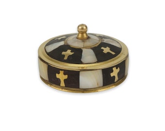 Brass Trinket Box with Mother of Pearl Inlay Cross Detailing | Home Altar, Prayer Corner