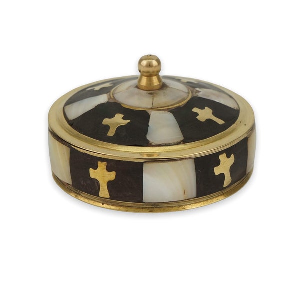 Brass Trinket Box with Mother of Pearl Inlay Cross Detailing | Home Altar, Prayer Corner