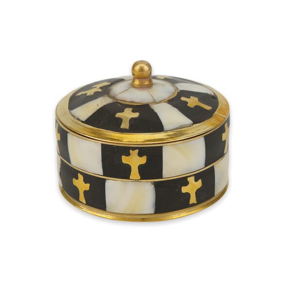 Round Brass Decorative Box with Lid Mother of Pearl and Cross Detailing | Home Altar, Prayer Corner