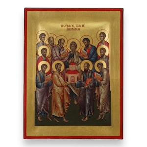 Synaxis of the Apostles Icon - Raised Border Christian Orthodox Icon | Handmade on Solid Natural Wood | Gift-Ready - Ships in a Box