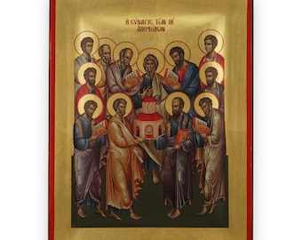 May include: A religious icon featuring twelve figures with halos, holding books and a small building. The figures are depicted in robes of various colors, set against a gold background. The text at the top reads in Greek.